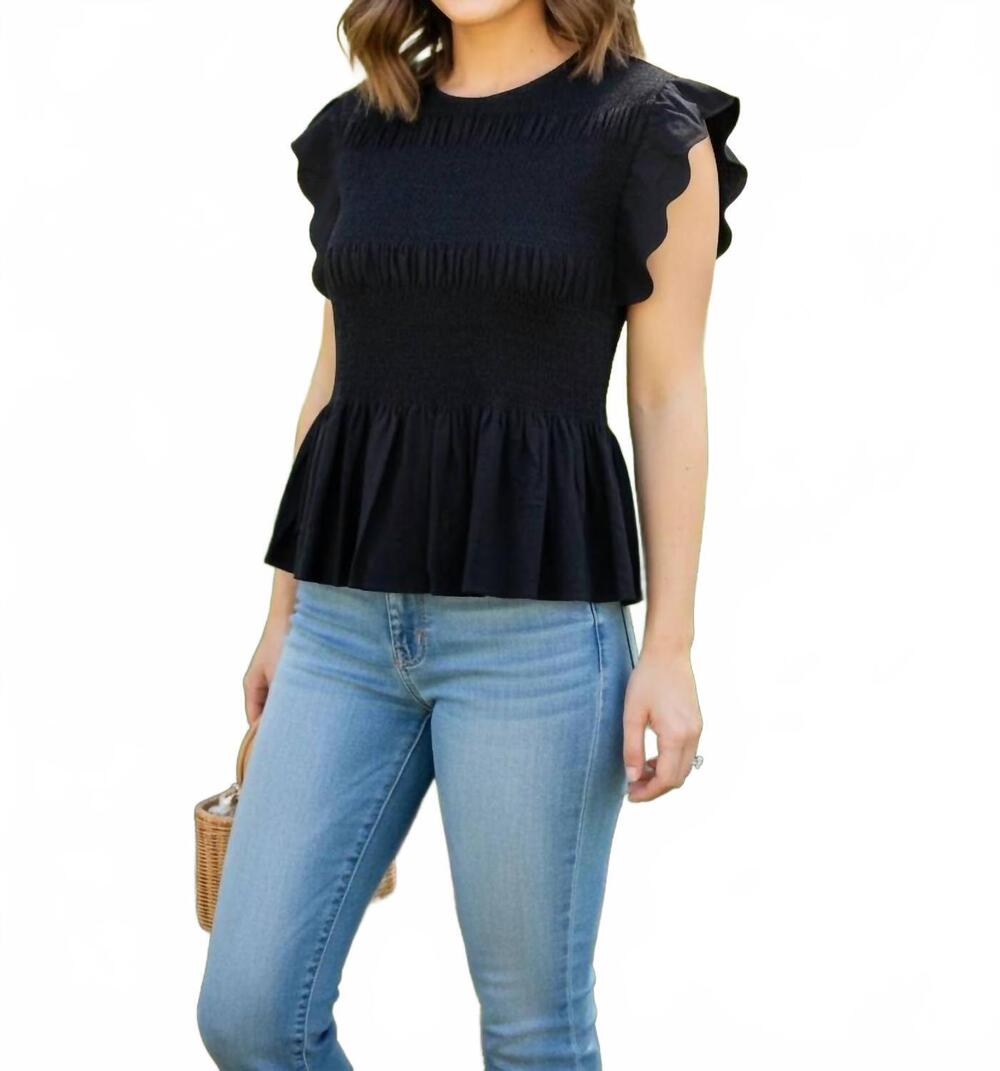 NEW UMGEE women's linen blend scalloped sleeve smocked top in black